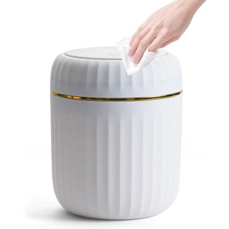 Papelera de sobremesa con tapa de clip, mini papelera de 2 litros para baño, ideal para salón y oficina, blanca (13 x 13 x 16 cm)