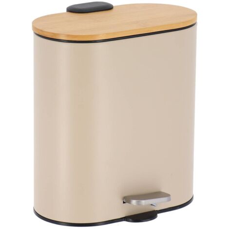 Papelera metálica ovalada de 5 l con freno de caída y tapa de bambú - beige - Tendance