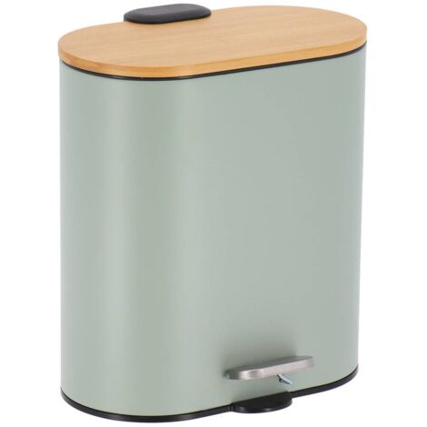Papelera metálica ovalada de 5 l con tapa de bambú anticaída - verde eucalipto - Tendance