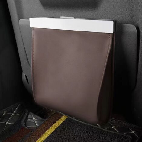 Papelera para coche de cuero sintético, mini cubo magnético y plegable, incluye 12 bolsas, fácil instalación en el asiento, accesorios para SUV, camiones y coches (marrón oscuro).