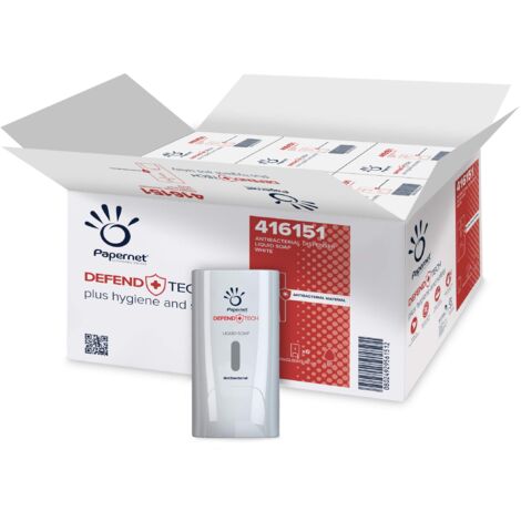 Papernet Defend Tech - Dispenser Antibatterico per Sapone 416151, in Plastica Reciclata e Antibatterica, 6 Pezzi per Confezione, Dimensioni 22x13,9x11,6cm, Capacità 0,5 Lt, Colore Bianco
