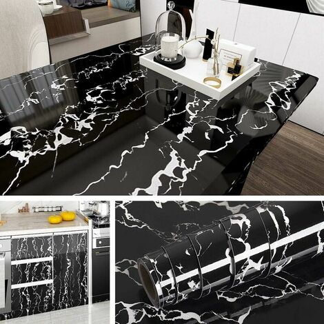 Papier Adhésif pour Meuble Marbre Noir et Blanc en Vinyle Stickers Meubles Cuisine Salle de Bain Papier Peint Autocollant Décoratif Amovible pour Table Plan de Travail de 40CM2M