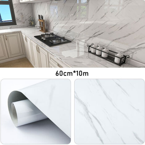 Papier Adhésif pour Meubles 60cm x 10m, Marbré Film Imperméable Autocollant DIY Décoratif Stickers pour Meubles Armoires Rebords de Fenêtres Salles de Bains - Blanc