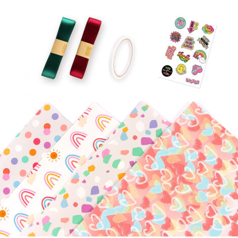 Papier cadeau de Noël avec ruban adhésif double face, emballage cadeau, couleurs vives et joyeuses