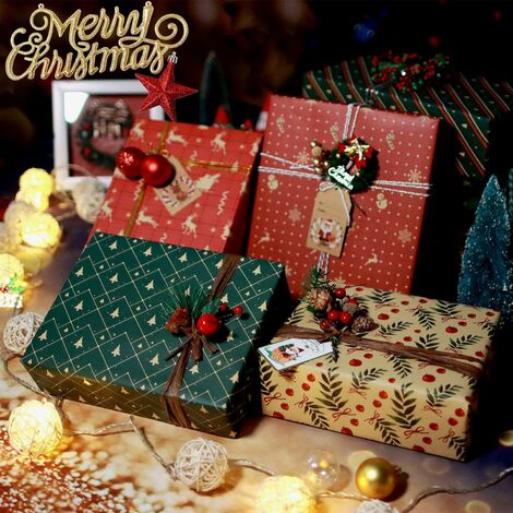 Lot de 12 Papier Cadeau Noël Papier D'emballage de Noël Set 50x70cm rouleaux de papier cadeau de Noël Motif Renne du Flocons Neige et Ruban Satin Papier Kraft d'emballage Cadeau pour Présent Noël 