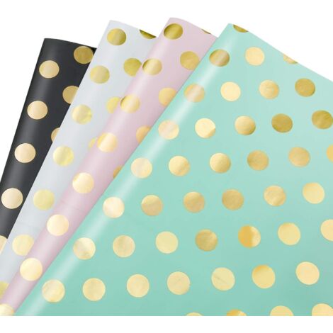 Papier Cadeau, Lot de 4 papier d'emballage d'or Motif en Points pour Anniversaire, Vacances, Mariage, Cadeau de Naissance (4 Couleurs, 70 x 50 cm),