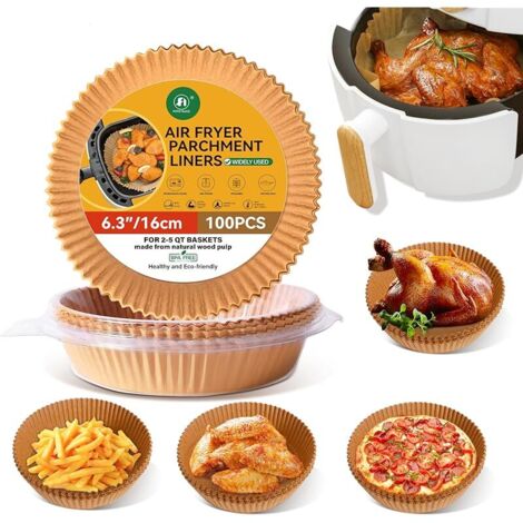 Papier Cuisson pour Air Fryer- 100 Pièces - Adapté pour Friteuse Air sans Huile 2 à 5 QT (16 cm) - Naturel, Sain, Antiadhésif et Écologique - Rondes pour Actifry, Cosori, Ninja, Philips