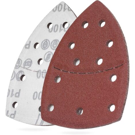 Papier de verre 10 feuilles, papier de verre triangulaire, avec Velcro, 11 trous, accessoire de ponceuse multifonctionnel, rouge (grain 100).