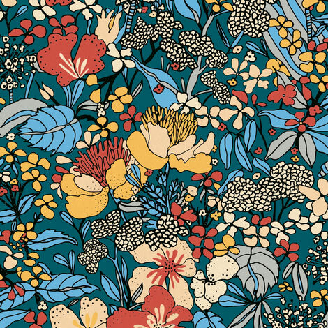 Papier motif floral rouge, bleu et jaune Tapisserie fleurie bleue pour chambre adulte Papier peint intissé années 60 fleuri