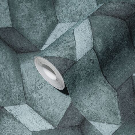 Papier peint 3D en effet béton pétrole, idéal pour la cuisine et le salon Papier peint géométrique bleu-vert pour un style industriel