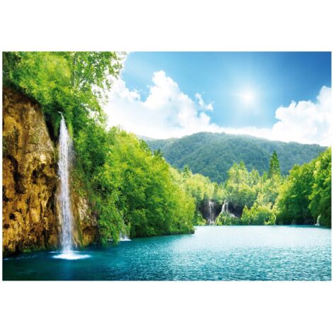 Papier peint 3D lac cascade, décoration murale pour salon – 200 x 140 cm Wallarena