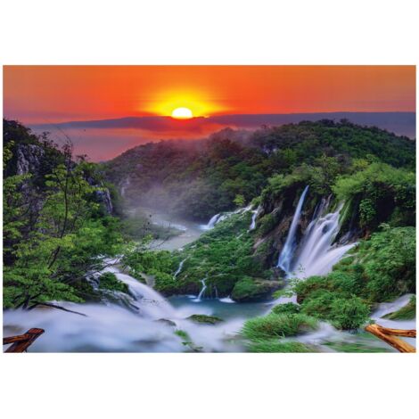 Papier peint 3D, montagnes, coucher de soleil, cascade, décoration murale pour salon – 150 x 105 cm Wallarena