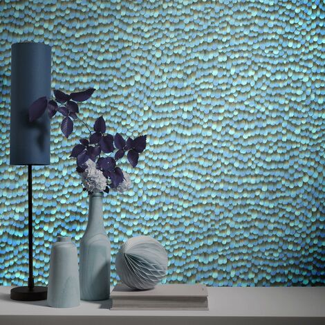 Papier peint 3D motif plume turquoise salle de bain | Tapisserie originale plume chambre & couloir | Papier peint intissé chambre