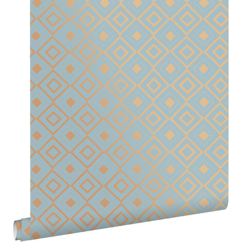 papier peint à carreaux vintage bleu et brun cuivré brillant  - ESTAhome