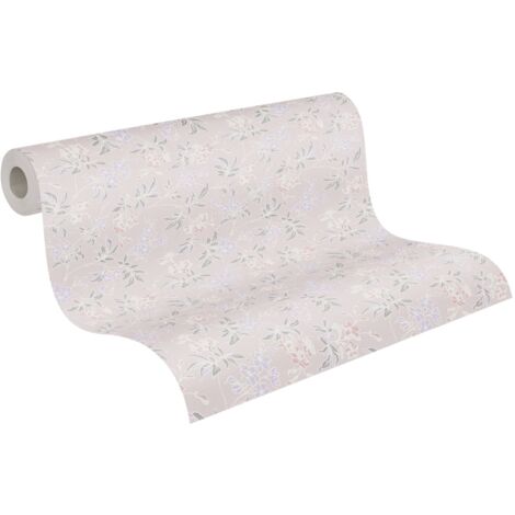 Papier peint à fleurs mauves, grises, roses Tapisserie floral cottage sur fond rose Papier peint intissé charme style anglais idéal salle de bains