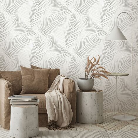 Papier peint à motf végétal intissé gris | Tapisserie moderne motif feuilles de palmier pour salon | Papier peint fleuri gris tendance