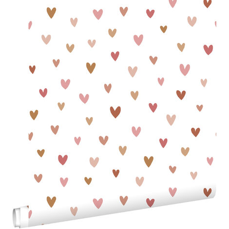 Papier peint à motif cœurs terracotta et rose – Dimensions 53cm x 10,05m – Écologique et facile à poser – Pour chambre d'enfant – Estahome