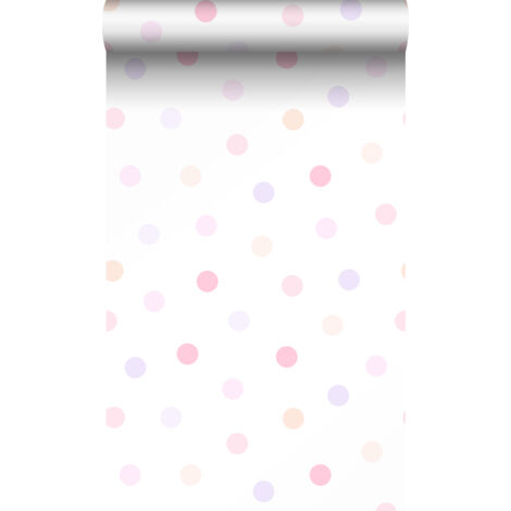 papier peint à motif de points rose poudre clair, violet lavende pastel et orange pêche pastel  - Origin Wallcoverings