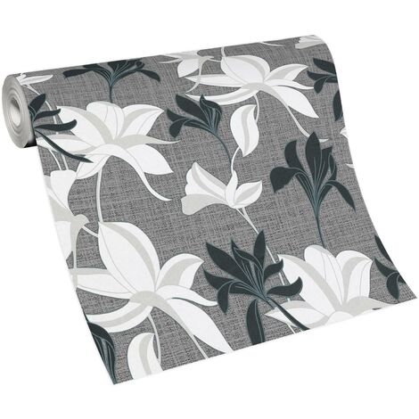 Papier peint à motif fleuri noir & blanc  Tapisserie florale anthracite moderne pour salon  Papier peint intissé motif fleurs
