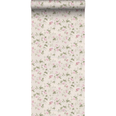 Papier peint à motif fleurs beige et vieux rose – 53 cm x 10 m – Pour chambre, salon, cuisine, salle de bains – Écologique, certifié FSC