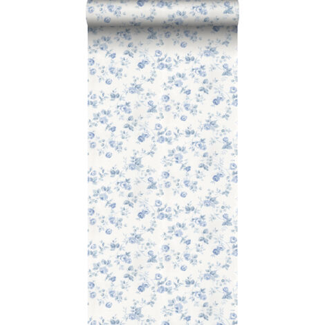 Papier peint à motif fleurs bleu et blanc cassé – Dimensions 53cm x 10m – Raccord droit – Écologique et durable – Pose facile