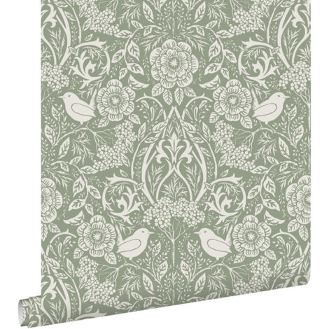 Papier peint à motif fleurs et oiseaux vert grisé – 53cm x 10,05m – Intissé écologique – Pose facile sans table à tapisser – Estahome