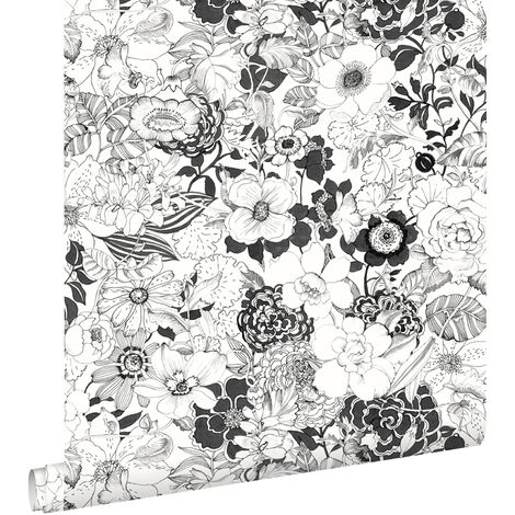 Papier peint à motif fleurs noir et blanc – Dimensions 53cm x 10,05m – Écologique avec encres à base d'eau – Facile à poser sans table à tapisser – Estahome