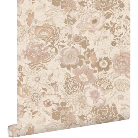 Papier peint à motif fleurs vintage beige et vieux rose – Dimensions 53cm x 10,05m – Écologique et facile à poser – Estahome