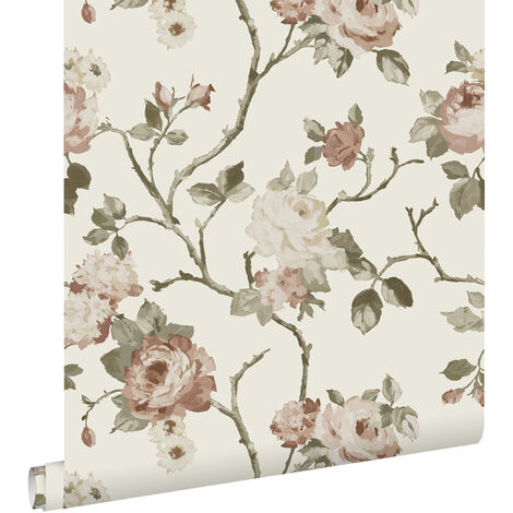 Papier peint à motif fleurs vintage blanc cassé et vieux rose – Dimensions 53cm x 10,05m – Pose facile sans table à tapisser – Estahome