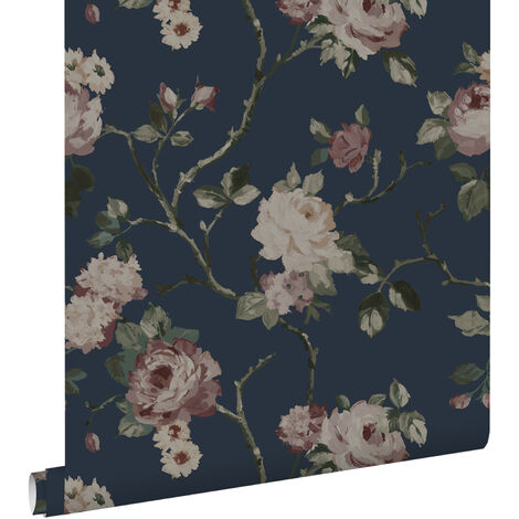 Papier peint à motif fleurs vintage bleu foncé et vieux rose – Dimensions 53cm x 10,05m – Écologique et facile à poser – Estahome