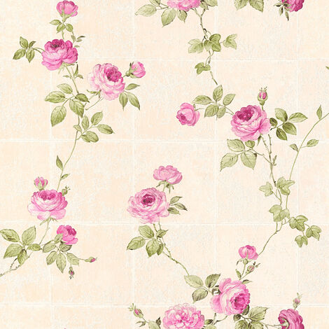 Papier peint à motifs anglais original | Papier peint floral rose et vert pour cuisine | Tapisserie intissée vintage beige à carreaux - 10,05 x 0,53 m