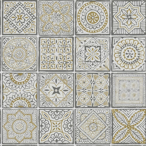 Papier peint à ornement gris foncé et jaune Tapisserie aspect carreaux en mosaïque Papier peint style boho idéal salon