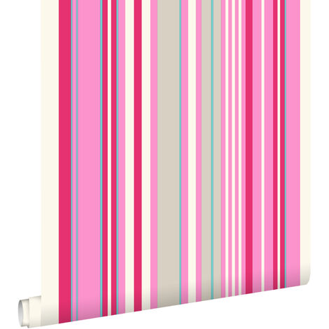 papier peint à rayures rose et turquoise  - ESTAhome