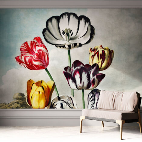 Papier peint adhésif autocollant pour salon chambre à coucher peint imprimé Installation facile Tulipes colorées 312x219 cm