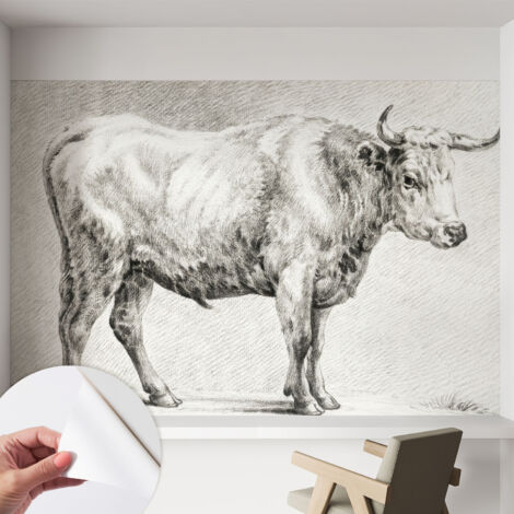Papier peint adhésif autocollant pour salon chambre à coucher peint imprimé pour mur Taureau au crayon 152x104 cm