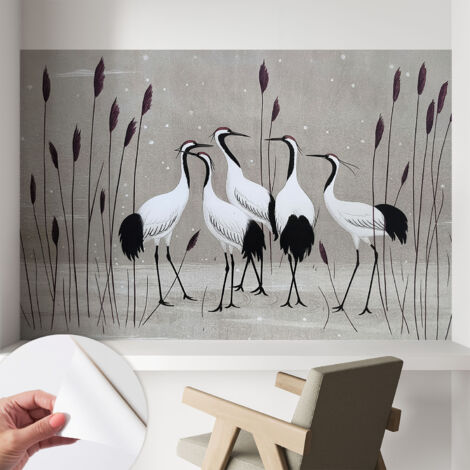 Papier peint adhésif autocollant pour salon chambre à coucher peint imprimé pour mur Volée de grues 104x70 cm