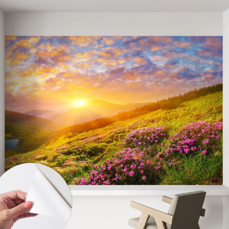 Papier peint adhésif autocollant pour salon chambre à coucher tendance et originale Coucher de soleil en montagne 152x104 cm
