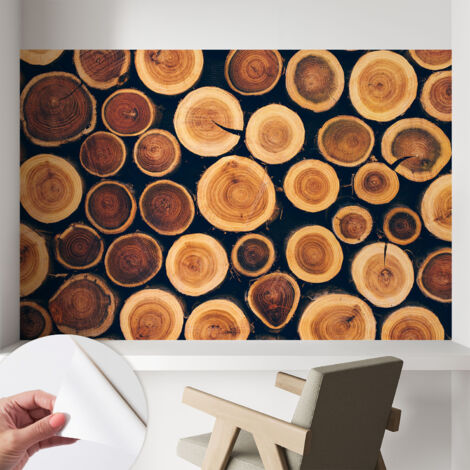 Papier peint adhésif avec colle pour décoration moderne de salon chambre à coucher cuisine et bureau Facile Cercles de bois 104x70 cm