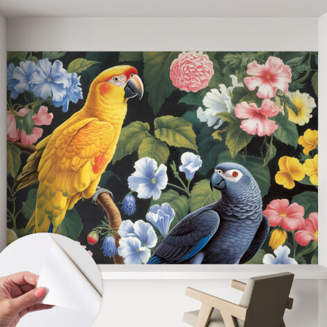 Papier peint adhésif avec colle pour décoration moderne de salon chambre à coucher cuisine et bureau Facile Oiseaux exotiques 152x104 cm