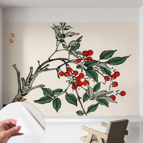 Papier peint adhésif avec colle pour décoration moderne de salon chambre à coucher cuisine et bureau Facile Une branche de baies 152x104 cm