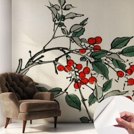 Papier peint adhésif avec colle pour décoration moderne de salon chambre à coucher cuisine et bureau Facile Une branche de baies 250x250 cm
