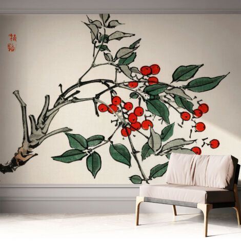 Papier peint adhésif avec colle pour décoration moderne de salon chambre à coucher cuisine et bureau Facile Une branche de baies 312x219 cm
