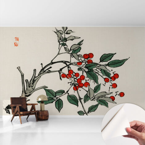 Papier peint adhésif avec colle pour décoration moderne de salon chambre à coucher cuisine et bureau Facile Une branche de baies 416x254 cm