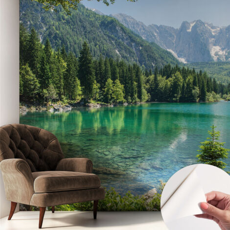 Papier peint adhésif décoratif avec colle pour salon chambre et bureau Installation rapide Lac vert 250x250 cm