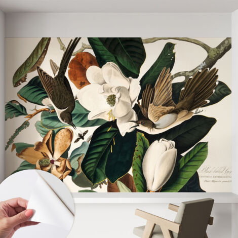 Papier peint adhésif décoratif avec colle pour salon chambre et bureau Installation rapide Oiseaux et magnolias 152x104 cm