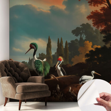 Papier peint adhésif décoratif avec colle pour salon chambre et bureau Installation rapide Oiseaux pittoresques 250x250 cm