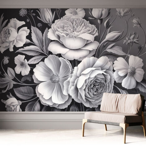Papier peint adhésif décoratif pour chambre et salon Design moderne à poser facilement Fleurs grises 312x219 cm