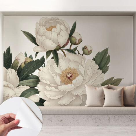 Papier peint adhésif décoratif pour chambre et salon Design moderne à poser facilement Pivoines blanches 208x146 cm