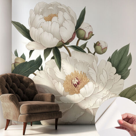 Papier peint adhésif décoratif pour chambre et salon Design moderne à poser facilement Pivoines blanches 250x250 cm