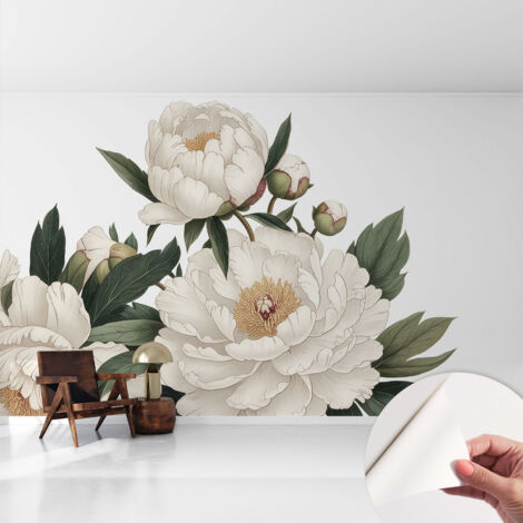 Papier peint adhésif décoratif pour chambre et salon Design moderne à poser facilement Pivoines blanches 416x254 cm